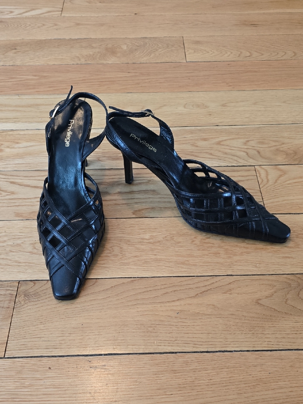 Privilege Black Woven Pointed-Toe Slingback Heels Genuine Leather